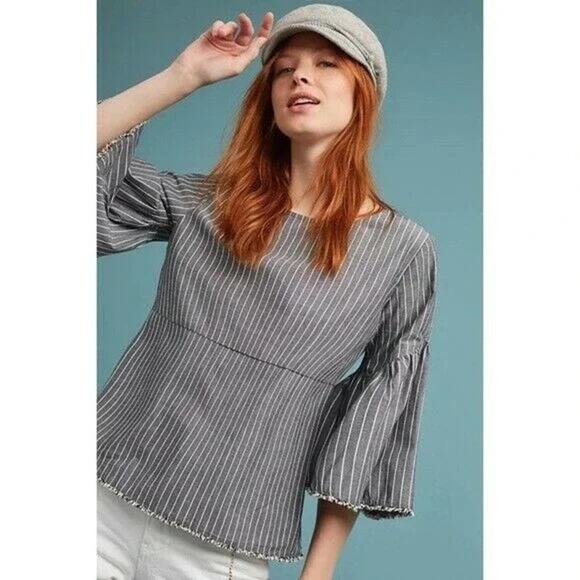 Dolan Anthropologie | Gray & White Stripe 3/4 Bell Sleeve Boxy Top - Picture 1 of 11